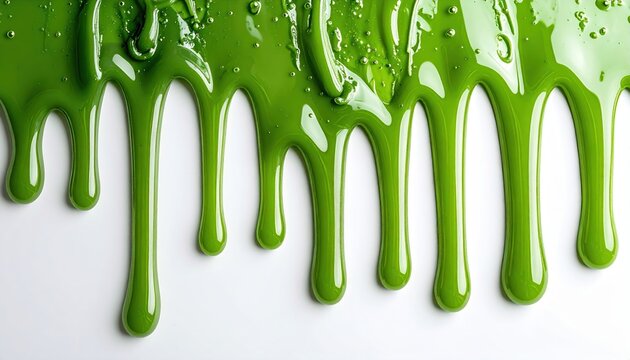 Viscous green slime or gel dripping downward in multiple smooth streams, clean white studio background, abstract texture design