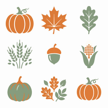 Thanksgiving Autumn Harvest Icons Set with Seasonal Vegetables and Foliage for Holiday Design