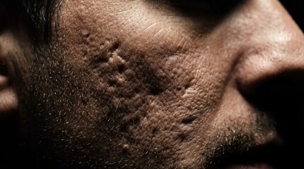 Fototapeta premium Extreme close up of male cheek skin with deep pitted acne scars