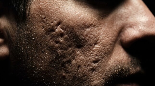 Extreme close up of male cheek skin with deep pitted acne scars