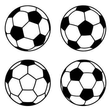 Four black and white soccer ball illustrations arranged in a square grid.