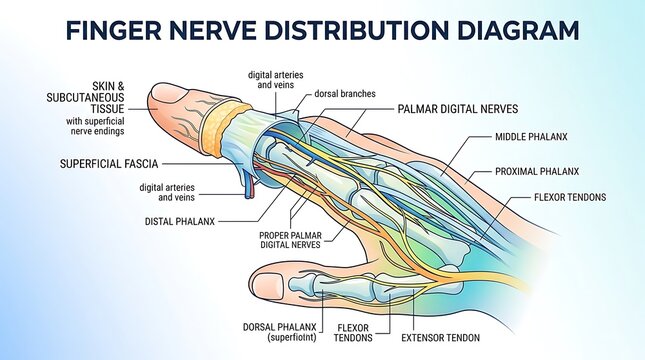 Human finger nerve distribution diagram for medical education
