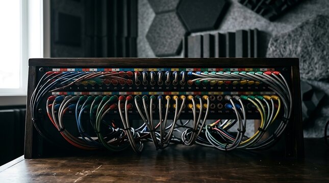 Professional audio patch bay with colorful cables in studio