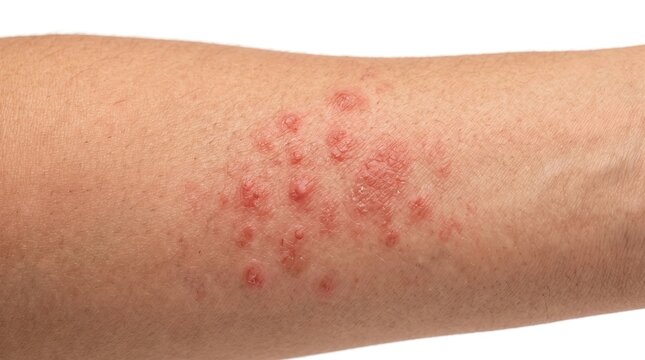 Close up of red itchy eczema rash with papules on forearm skin