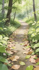 Naklejka premium Serene forest path winding through lush green trees with scattered brown autumn leaves and soft sunlight