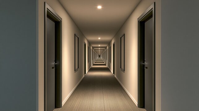 Endless hotel corridor with doors receding into the distance, creating a sense of depth and mystery