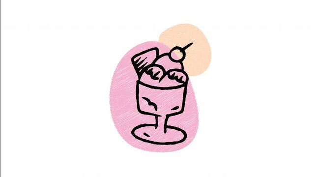 An animated hand-drawn ice cream sundae in a glass bowl with toppings. Great for dessert menus, ice cream parlors, sweet treats, and summer food.
