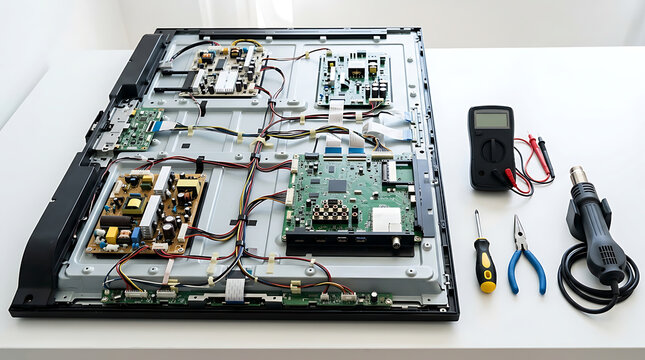 Repairing a flat-screen television, electronics maintenance and troubleshooting with tools