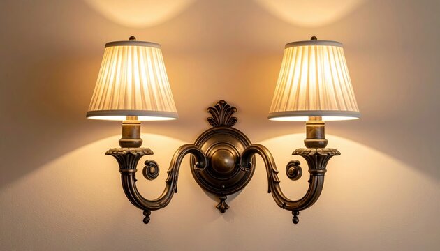 Vintage double-arm wall sconce with antique bronze finish, clean warm beige background, classic interior lighting concept