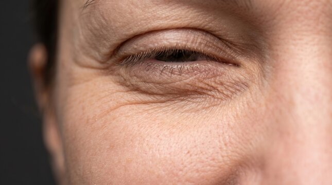 Close up of aging eye area showing crow feet wrinkles and thin skin texture
