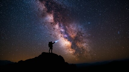 Fototapeta premium AI Generative. Silhouette of Hiker Holding Flashlight Pointing to Milky Way Galaxy on Mountain Peak. 3