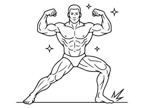 Muscular Bodybuilder Line Art, Flexing Pose Outline Icon, Vector Gym Anatomy Illustration