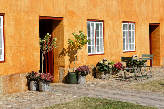 Fa&ccedil;ade ocre et plantes sur la terrasse
