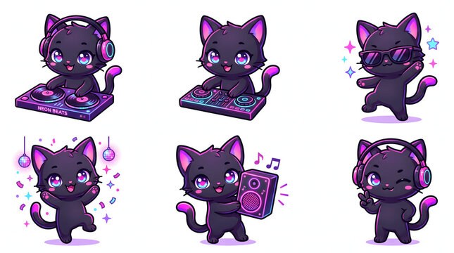 Cute black cat character collection engaging in musical activities with dj equipment and dancing in purple glow