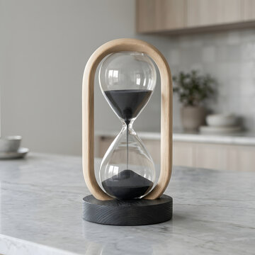 Elegant wooden hourglass featuring black sand resting on a polished marble surface inside bright modern home