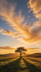 Naklejka premium Lone oak tree standing majestically in golden light during a vibrant and colorful evening sunset glow