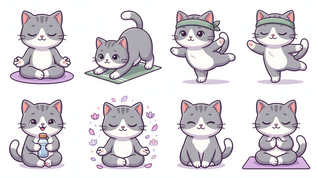 Cute funny gray cat practicing yoga in various poses including meditation and stretching exercises