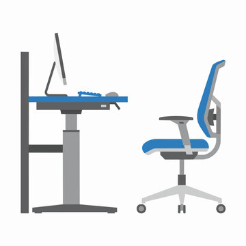 Flat Vector Illustration of Modern Standing Desk with Ergonomic Chair, Office Furniture