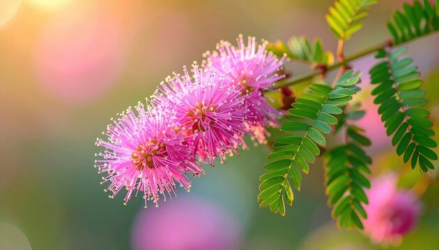 Mimosa pudica plant with delicate pink flowers and sensitive leaves, botanical science concept