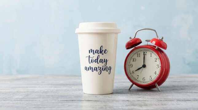 Motivational quote make today amazing on travel mug with red alarm clock showing 8 o'clock on blue background.
