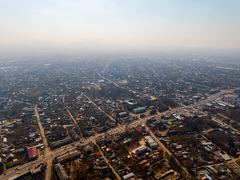 Aerial View of Hazy Urban Cityscape in Kyrgyzstan