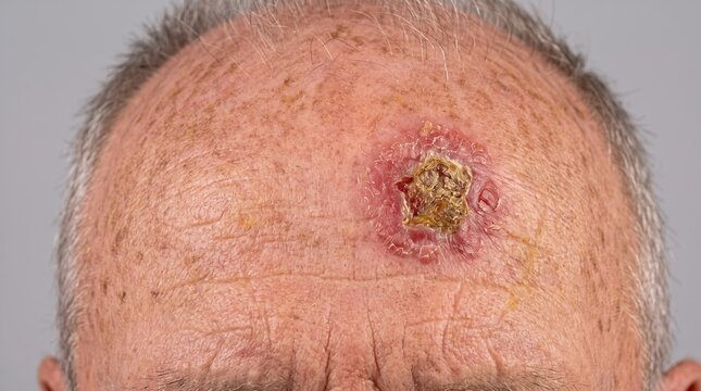 Close Up of Large Ulcerated Keratoacanthoma and Squamous Cell Carcinoma Skin Cancer on Scalp