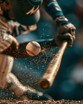 Dynamic close-up of baseball player hitting ball with wooden bat, creating dust and motion blur