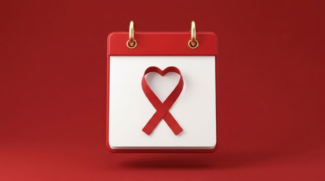 Red ribbon heart icon on white calendar page, symbolizing awareness and support for HIV AIDS prevention and remembrance day.