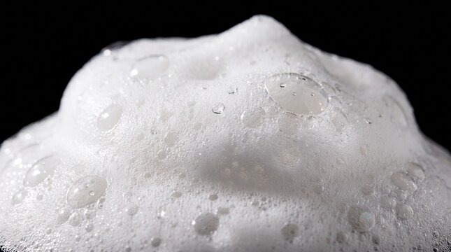 Soap foam with bubbles on black background with cleaning texture product white froth soapy
