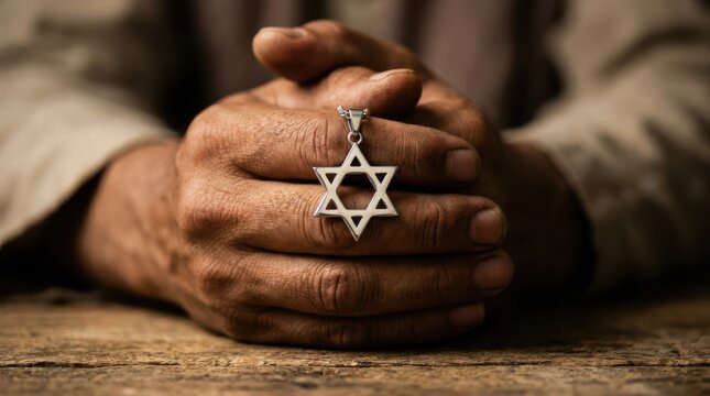 Rough hands holding silver star of david necklace pendant over wooden table captures faith and heritage story.