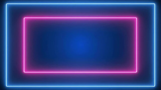 Abstract glowing neon rectangles pulsing with blue and pink light on a dark background