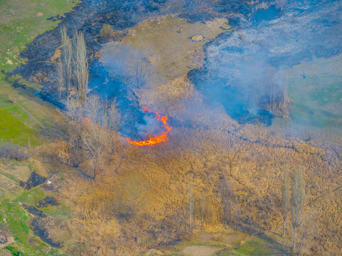 Aerial View of Wildfire Burning Through Grass in Kyrgyzstan