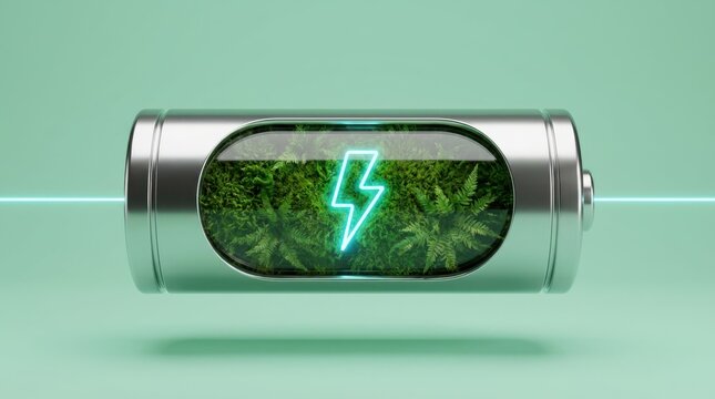 Silver battery cylinder filled with green moss and glowing blue lightning bolt symbol.