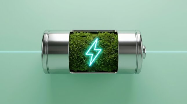 Silver battery cylinder filled with green moss and glowing blue lightning bolt symbol.