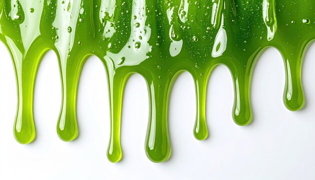 Viscous green slime or gel dripping downward in multiple smooth streams, clean white studio background, abstract texture design