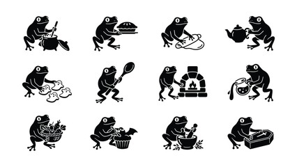 Fototapeta premium Cartoon frogs engaging in various cooking and baking activities creatively illustrated