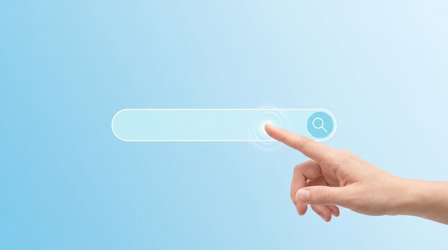 Hand touching digital search bar on blue background with magnifying glass touches search technology interface finger screen button query with input