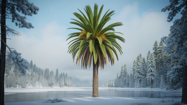 Giant Palm Tree in a Snowy Winter Landscape