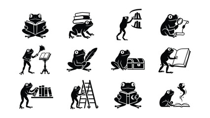Fototapeta premium Cartoon Frogs Engaged In Various Scholarly And Creative Activities
