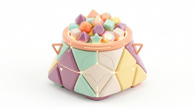 Pastel geometric candy bowl, 3D rendered bowl with colorful faceted shapes, whimsical dessert container on white background