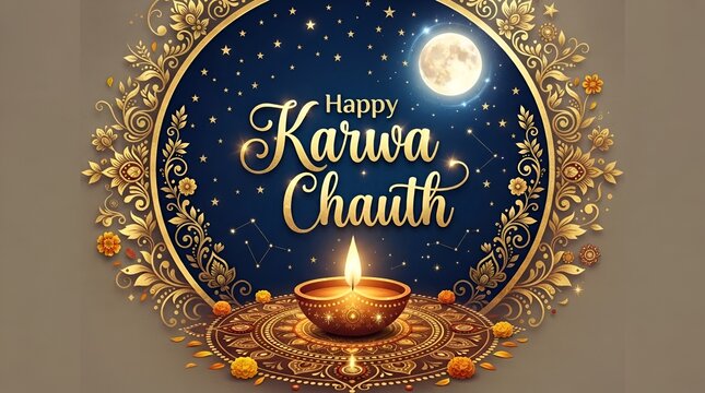 Happy karwa chauth greeting card design with golden moon and diya lamp