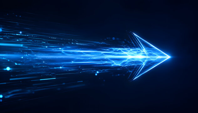 Futuristic glowing blue arrow moving fast with high speed light trails and electric energy concept