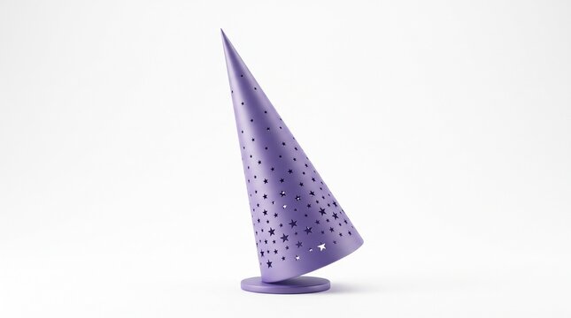 Minimalist purple cone sculpture with perforated holes, modern geometric art object, decorative abstract cone on white background