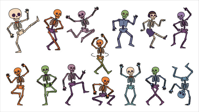Set of funny dancing skeletons in various poses and colorful outfits for halloween party themes and festive seasonal decorations