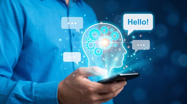 Person holding smartphone with chat icons with holds smartphone glowing communication intelligence conversation technology thinking digital with human
