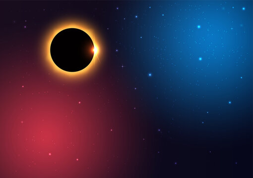 Total solar eclipse with diamond ring effect set against a colorful blue and red nebula space background with stars.