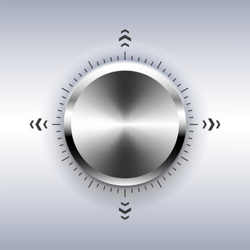 Metallic volume control knob with scale markings and direction arrows on a light background. UI design element.