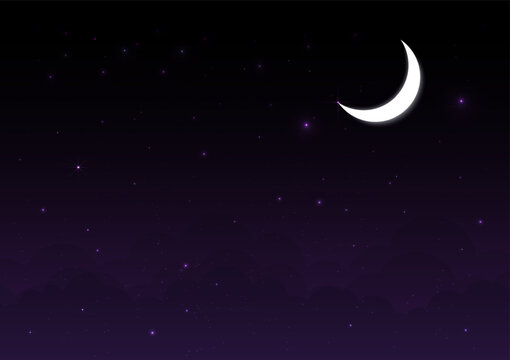 Crescent moon in a starry night sky with glowing stars and dark clouds. Peaceful vector background illustration.