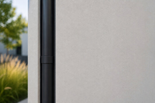 Integriertes schwarzes Fallrohr an moderner heller Hausfassade