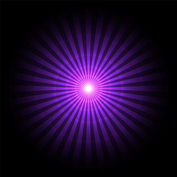 Abstract purple sunburst background with glowing light rays emanating from the center. Dynamic starburst vector illustration.